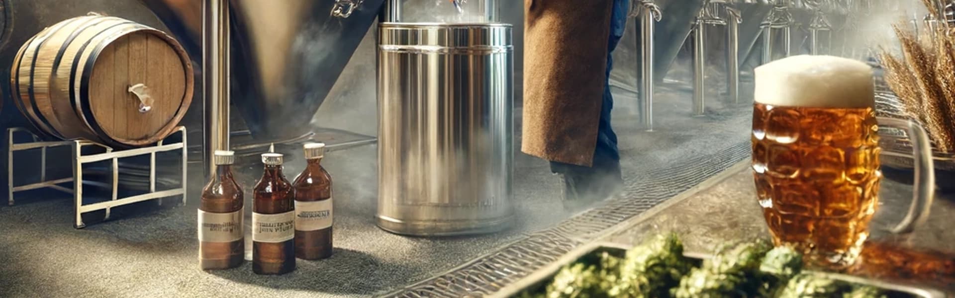 A brewmaster brewing beer near vats of hops, yeast, and beer.