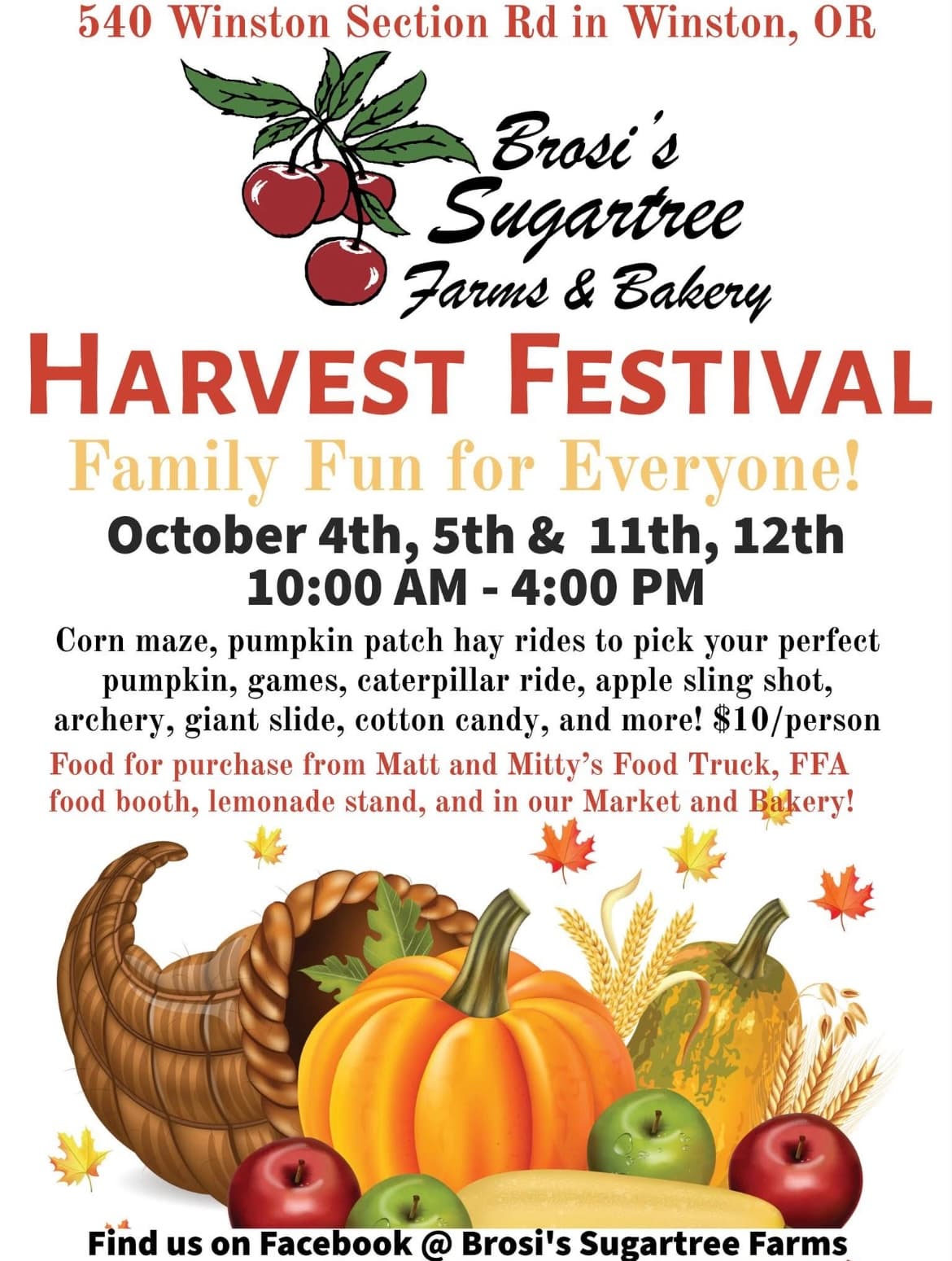 Promotional flyer for Brosi's Sugartree Farms Harvest Festival featuring family activities like a corn maze, games, and food vendors on October 4th, 5th, 11th, and 12th from 10 AM to 4 PM.