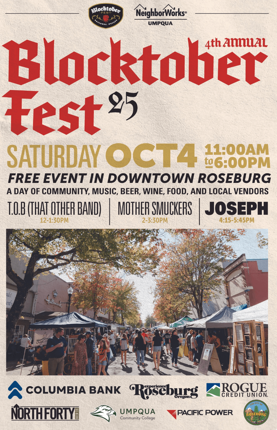 A bustling street fair scene during the 4th Annual Blocktober Fest in downtown Roseburg, featuring vendors, music, and community activities.