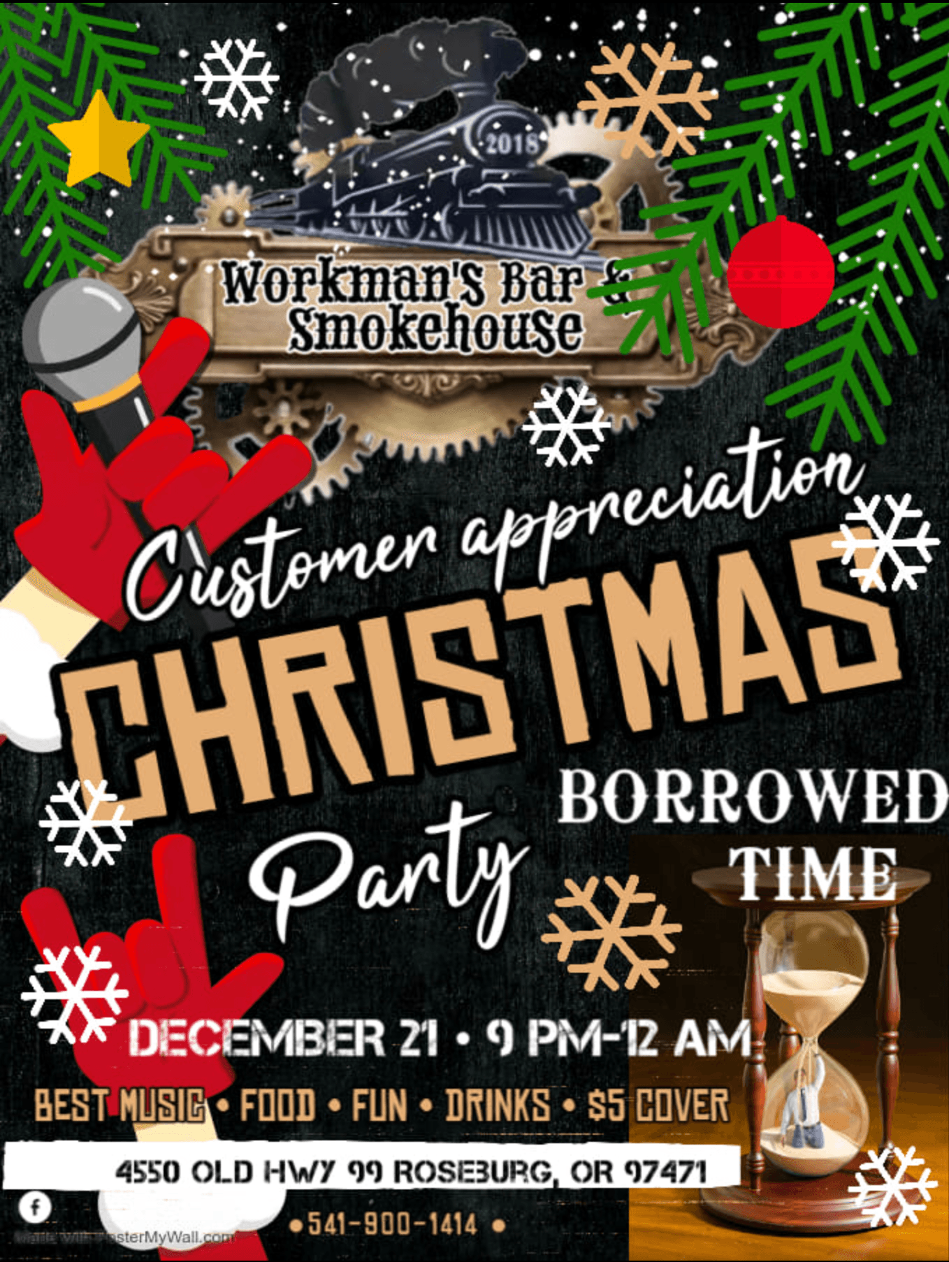 Holiday party announcement for Workman's Bar Smokehouse featuring music, food, and drinks on December 21 from 9 PM to 12 AM.
