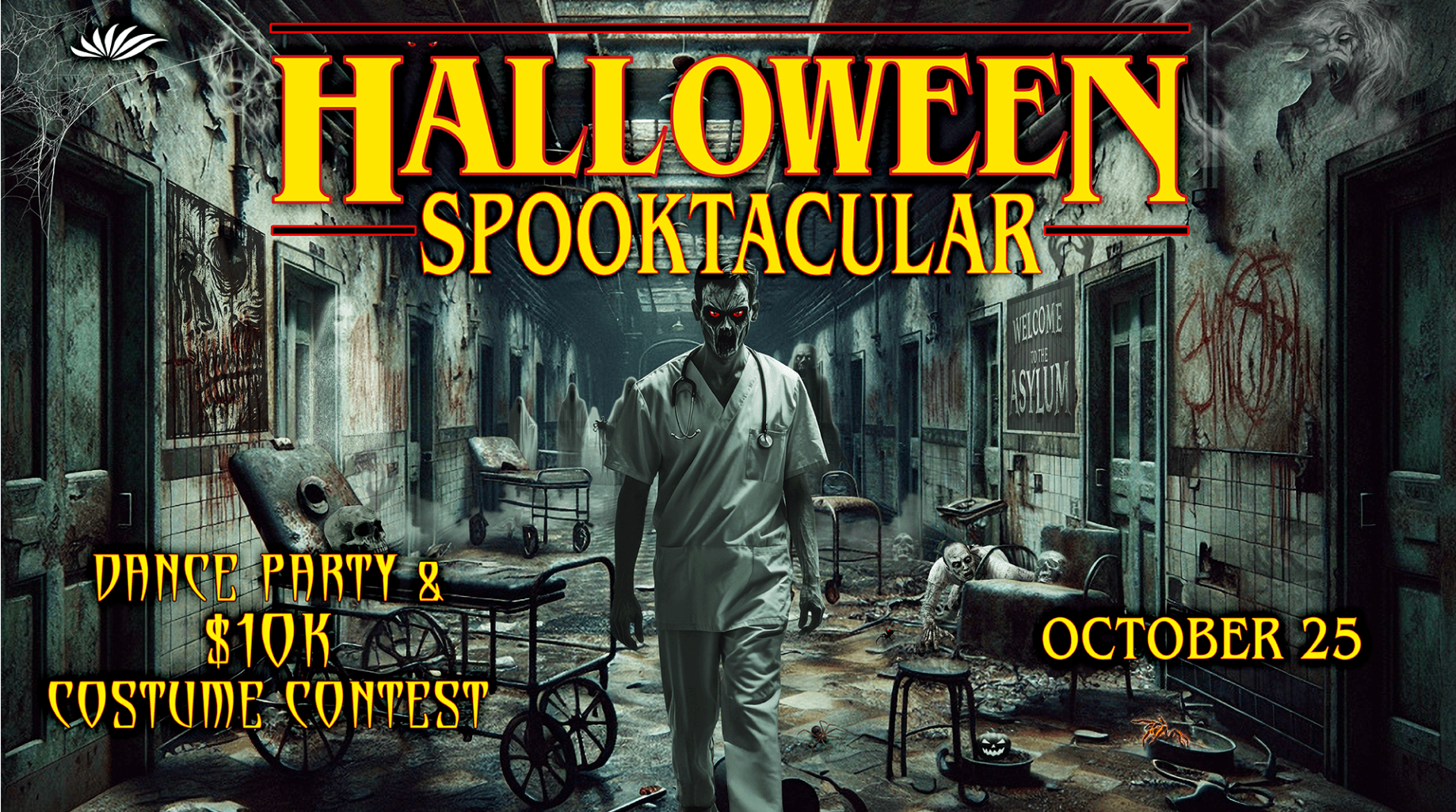 A spooky Halloween event poster featuring a figure in a white outfit in a creepy hallway, promoting a dance party and a $10K costume contest on October 25.