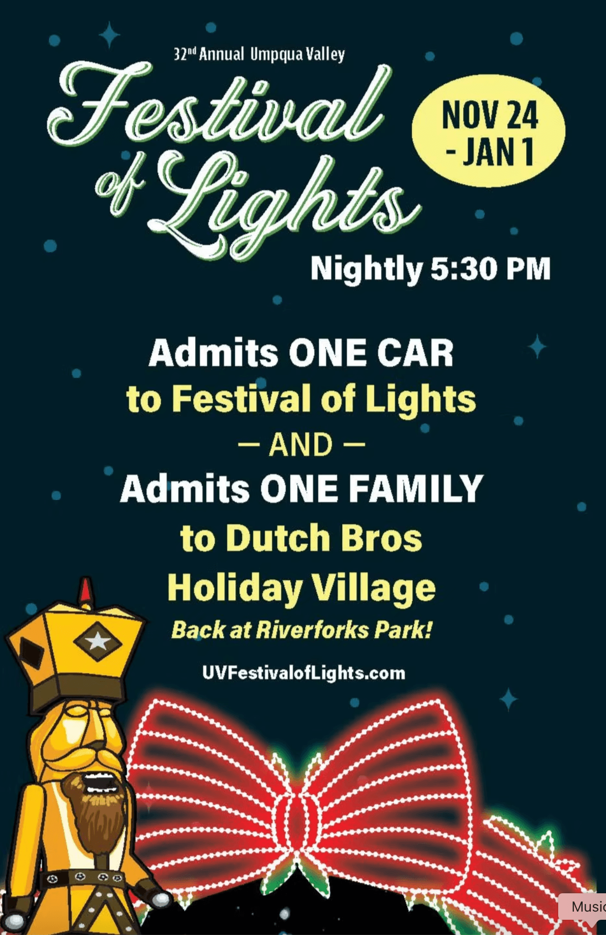 Promotional graphic for the 32nd Annual Festival of Lights, running from November 24 to January 1, featuring event details and admission information.